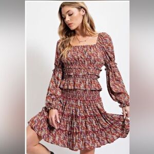 easel Rust Floral Smocked Two Piece Top and Skirt